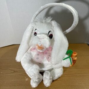 Celebration Creations Easter Rabbit Basket Plush Bunny White Bow Holding Carrot